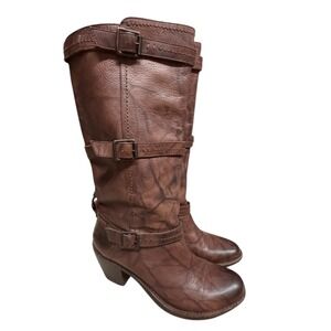 Frye Brown Leather Buckle Strap Knee High Heeled Boots Women 9.5  Carmen 77852